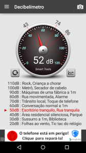 Imagem de captura de tela do Soundmeter indicando ambiente com 52 decibéis de ruído